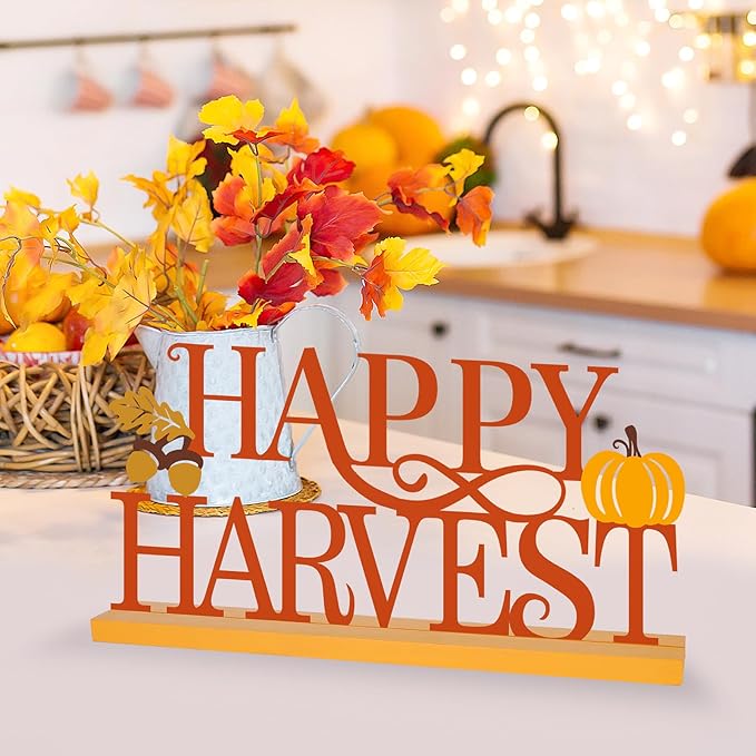 CozyNest Decor metal happy harvest sign with orange autumn leaves and pumpkin design, perfect for fall home or office decor.