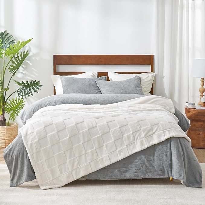 CozyNest Decor white checkered faux rabbit fur twin blanket with soft fuzzy minky fabric, ideal for bed or couch, 60 x 80 inches.