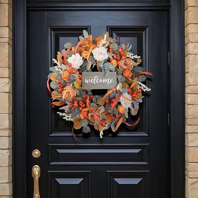 CozyNest Decor 24-inch fall wreath with lamb's ear leaves, roses, berries, and wooden sign for front door autumn decoration