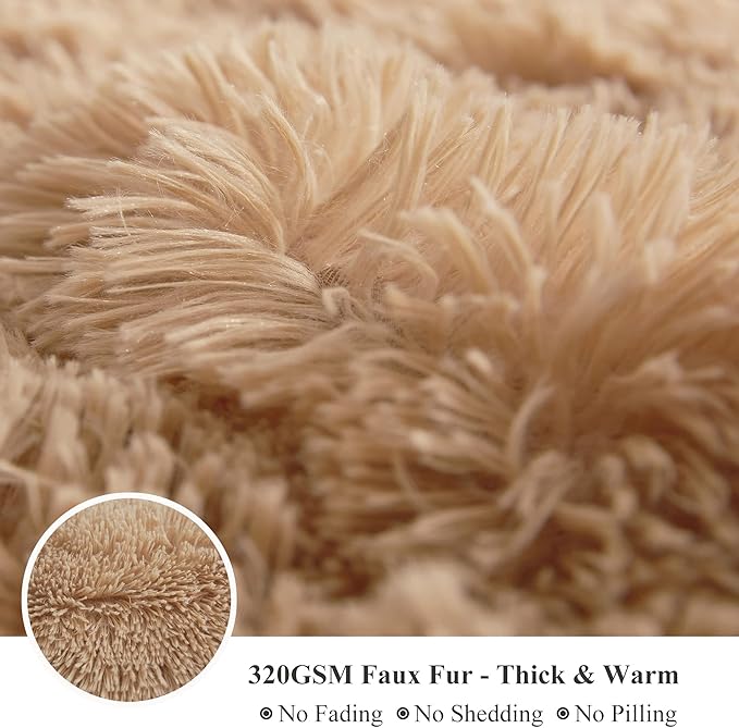 CozyNest Decor XeGe plush faux fur throw blanket in camel, 50x60 inches, soft shaggy microfiber fleece for sofa or bed.