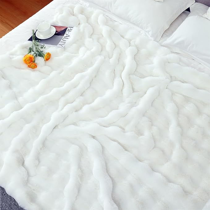 CozyNest Decor ivory faux fur throw blanket, double-sided plush and fluffy, perfect for couch, sofa, chair, or bed in winter.