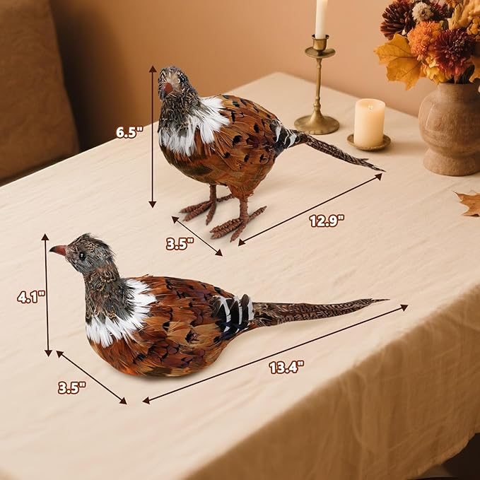 CozyNest Decor feathered pheasant figurine set of 2, realistic woodland bird collectibles with natural feathers for fall home decor.