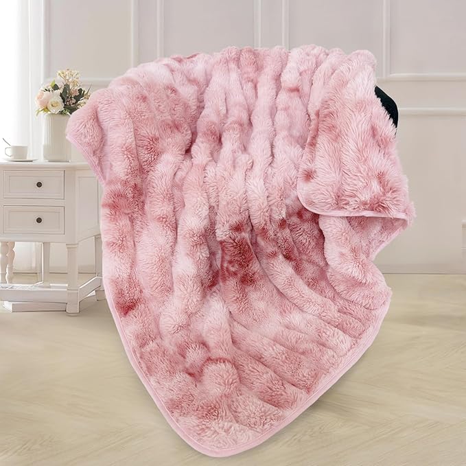 CozyNest Decor faux fur reversible throw blanket with fluffy, soft ombre design, perfect for couch or bed comfort.