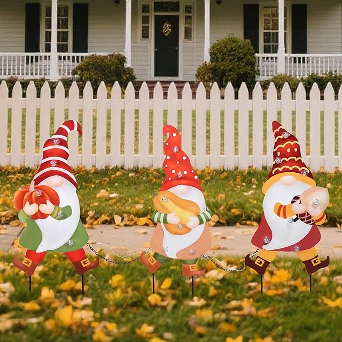CozyNest Decor Wonder Garden 3-piece fall gnome yard signs with LED lights, featuring pumpkins and harvest autumn themes for outdoor decoration.