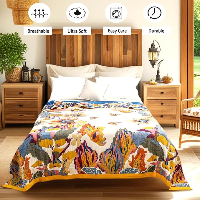 CozyNest Decor boho large throw blanket with fall floral and bird design, made of breathable organic cotton for sofa or bed use