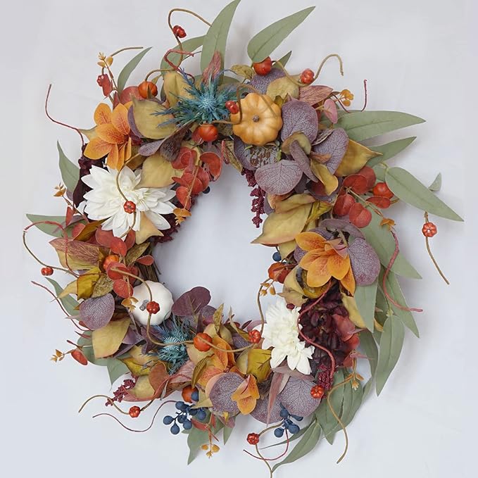 CozyNest Decor 24-inch fall wreath with pumpkins, silk leaves, purple flowers, perfect for front door autumn and Halloween decor
