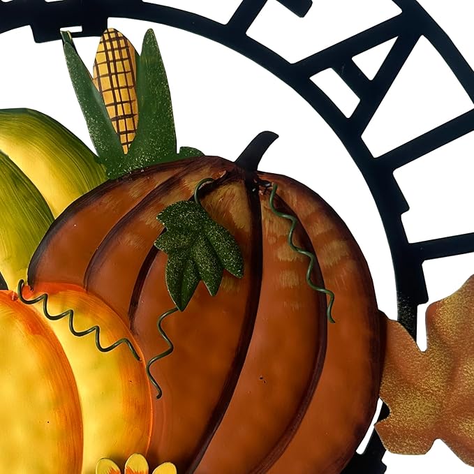 Rustic metal hanging pumpkin welcome wreath by CozyNest Decor, autumn fall harvest decor for front door, 13 inches.
