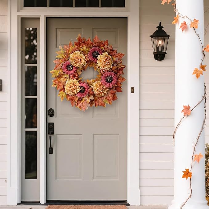 Large 28-inch fall wreath with artificial maple leaves, sunflowers, hydrangeas, and pumpkins for front door or porch decor.