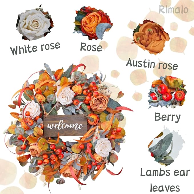 CozyNest Decor 24-inch fall wreath with lamb's ear leaves, roses, berries, and wooden sign for front door autumn decor.