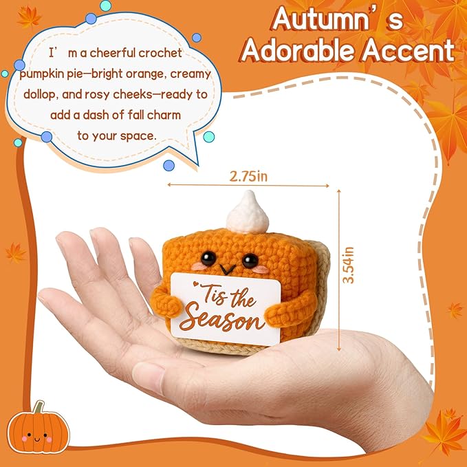 CozyNest Decor mini crochet pumpkin pie plush doll, autumn-themed fall decor for home, Halloween, Thanksgiving, or Christmas decoration.