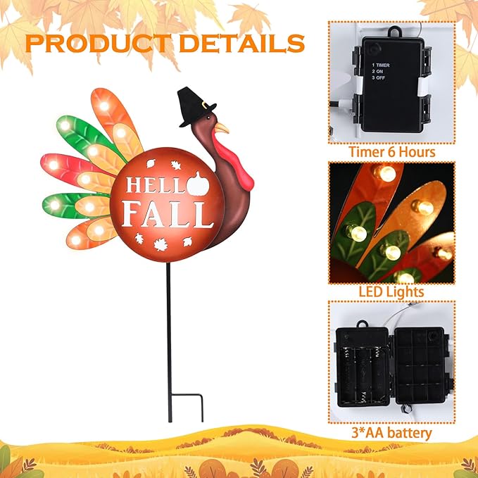 Two metal Thanksgiving yard stakes with LED lights, featuring turkeys and "Give Thanks" for fall garden or lawn decor.