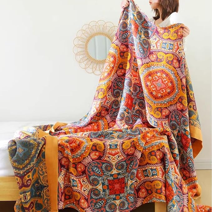 Boho orange cotton muslin blanket for adults, 80x90 inches, featuring geometric floral design, cozy soft summer bed coverlet.