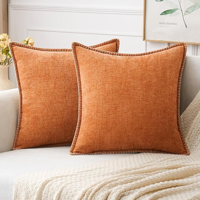 CozyNest Decor MIULEE fall orange chenille throw pillow covers, 18x18 inch, stitched edge, soft farmhouse decorative pillow covers for sofa.