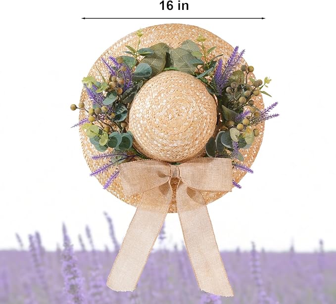 CozyNest Decor 16-inch spring eucalyptus wreath with straw hat and bow, perfect for front door, wall, or holiday home décor.