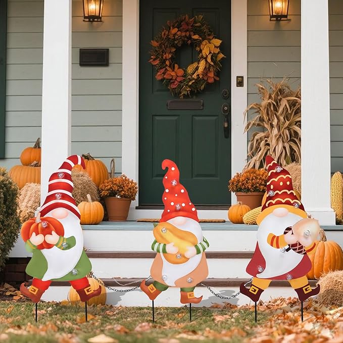CozyNest Decor Wonder Garden 3-piece fall yard sign with metal gnomes, LED lights, pumpkins, and autumn harvest decorations for outdoor garden.