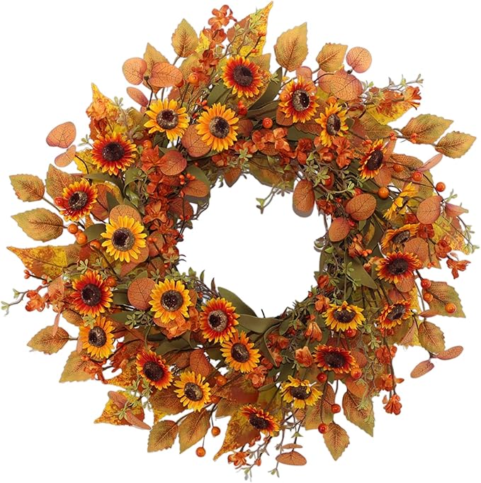 CozyNest Decor 22-inch artificial fall wreath with eucalyptus leaves and chrysanthemums, ideal for front door or holiday decor.