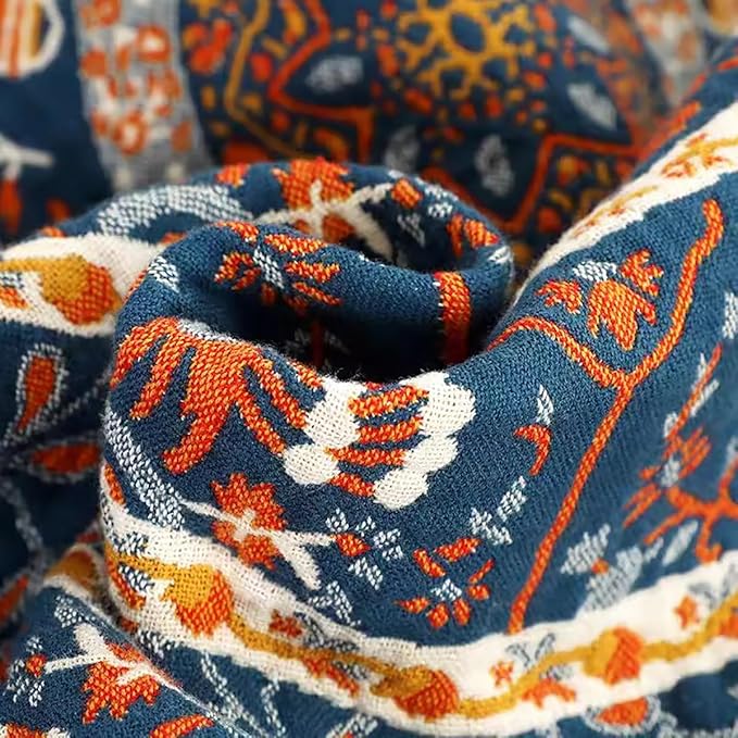CozyNest Decor boho muslin bed blanket with circle geometric pattern, 80 x 90 inches, soft 100% cotton summer cooling coverlet.