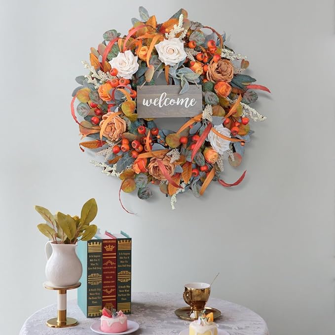 CozyNest Decor 24-inch fall wreath with lamb's ear leaves, roses, berries, and wooden sign, perfect for front door autumn decor.