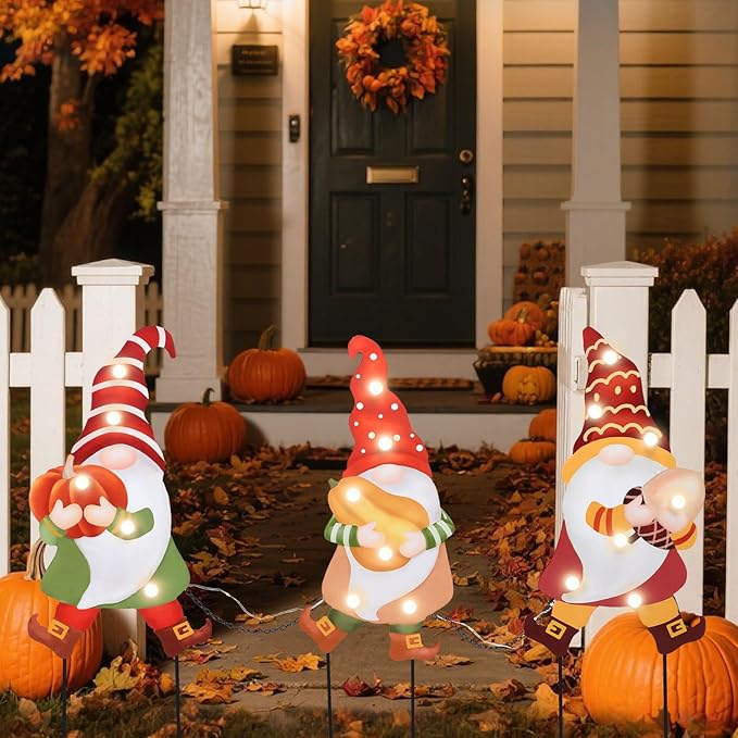 CozyNest Decor Wonder Garden 3-piece fall gnome yard signs with LED lights, featuring pumpkins and autumn harvest themes for outdoor decoration.