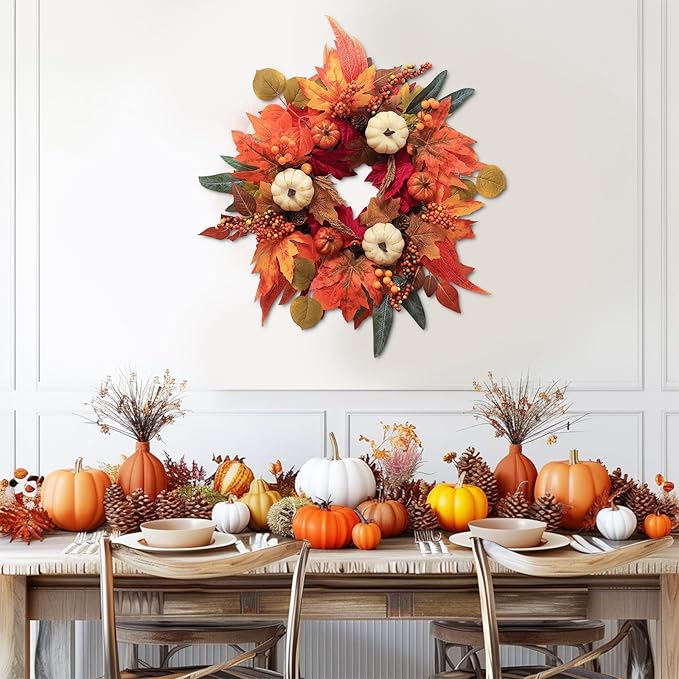 CozyNest Decor 21-inch fall wreath with maple leaves, pumpkins, and berries, perfect for front door autumn and Thanksgiving décor.