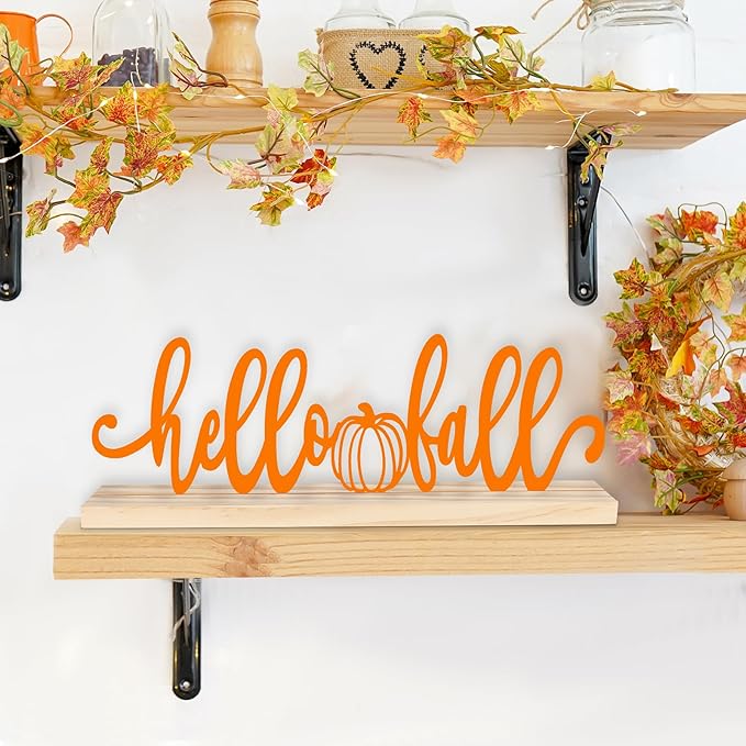 CozyNest Decor metal Hello Fall sign in orange with pumpkin design, perfect for autumn home or office fall decorations.