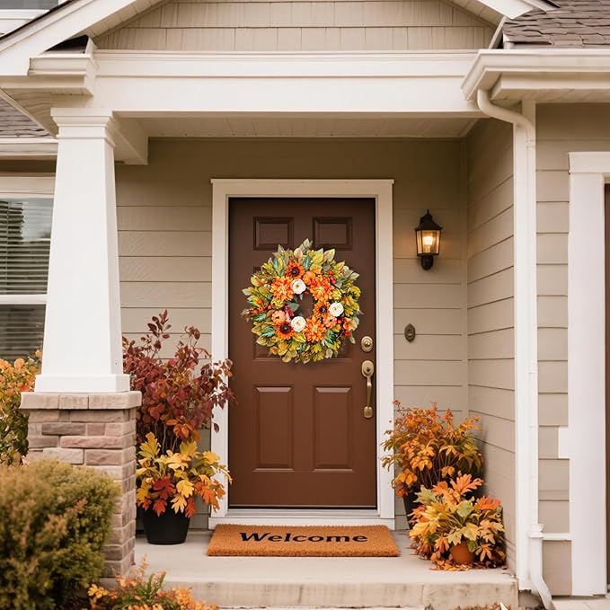 CozyNest Decor 24-inch fall wreath with pumpkins, peonies, sunflowers, and dahlias for front door autumn decoration.