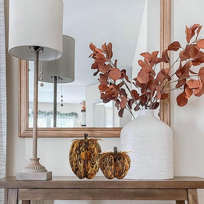 Set of two CozyNest Decor feathered pumpkin centerpieces, 7.5 and 5.5 inches, natural autumn decor for Thanksgiving and fall tables.