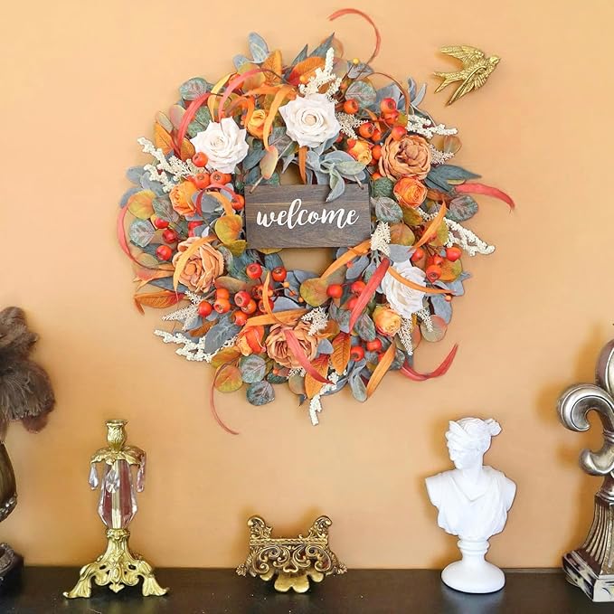 CozyNest Decor 24-inch fall wreath with lamb's ear leaves, roses, berries, and wooden sign for front door autumn decor