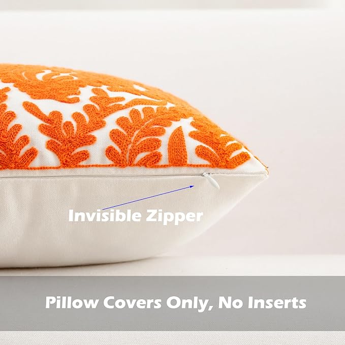 Orange fall decorative throw pillow cover with embroidered floral branches, 18x18 inches, made of cotton for sofa or bedroom decor.