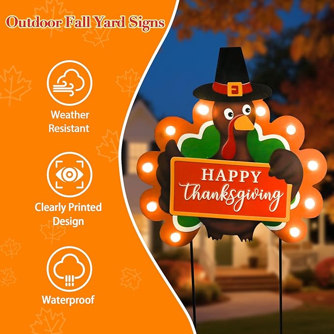 CozyNest Decor outdoor metal fall garden stakes with LED lights, featuring happy Thanksgiving pumpkins and turkeys for yard and lawn decor