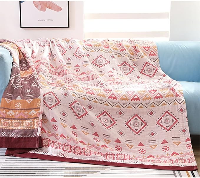 CozyNest Decor boho muslin bed blanket, 80x90 inches, soft 4-layer gauze cotton with red geometric farmhouse design for sofa or bed.