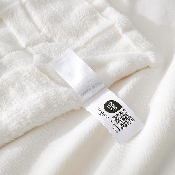 CozyNest Decor white checkered faux rabbit fur twin bed blanket, soft fuzzy minky throw for couch or bed, 60x80 inches in ivory