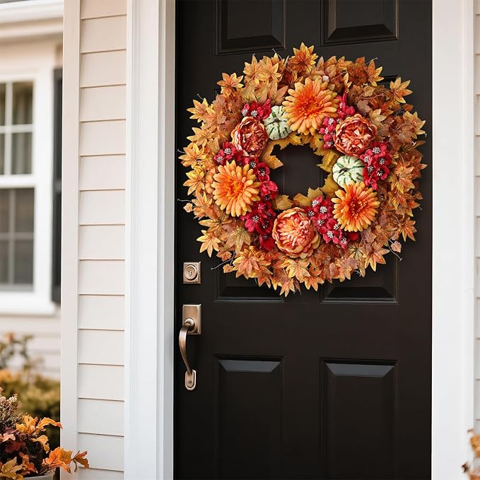 Large 26-inch artificial fall wreath with maple leaves, faux pumpkins, and silk peonies for front door or porch decor.