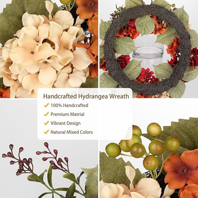 20-inch autumn wreath with hydrangeas, berries, and faux flowers, perfect for farmhouse fall door decoration.
