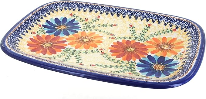 Blue Rose Polish Pottery Autumn Burst large rectangular serving platter with floral design, ideal for serving and display.