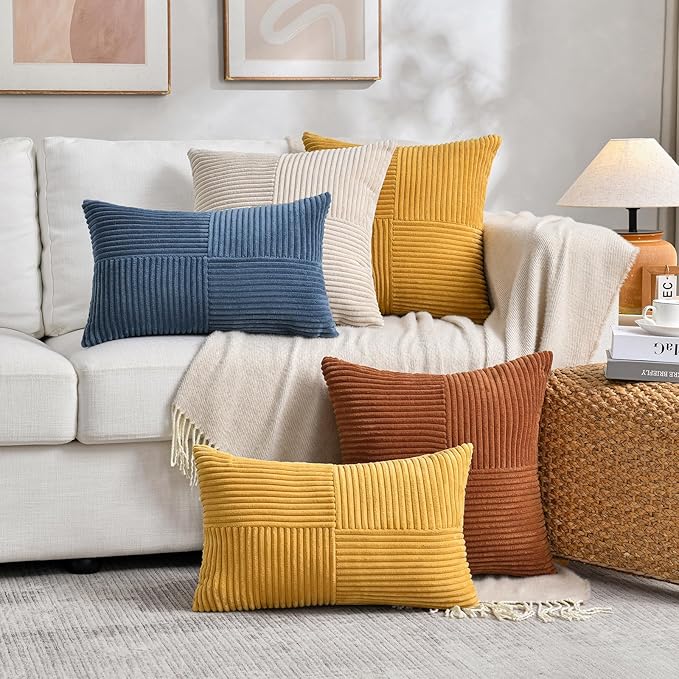 Rust boho 18x18 inch decorative throw pillow covers by CozyNest Decor, soft corduroy patchwork terracotta cushion cases for couch or bed.