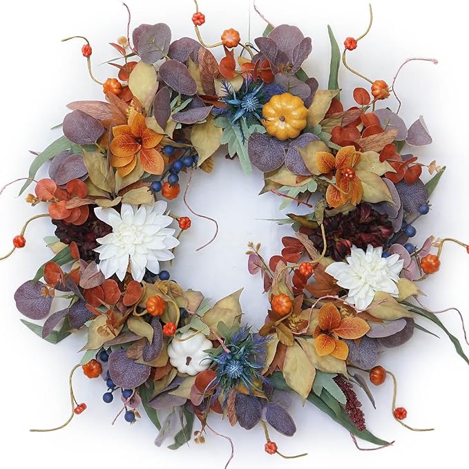 CozyNest Decor 24-inch autumn wreath with pumpkins, silk leaves, purple flowers for front door Halloween and Thanksgiving decor