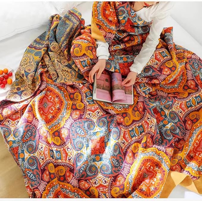 Boho orange muslin blanket for adults, 80x90 inches, soft cotton with geometric floral design, cozy summer bed or sofa coverlet