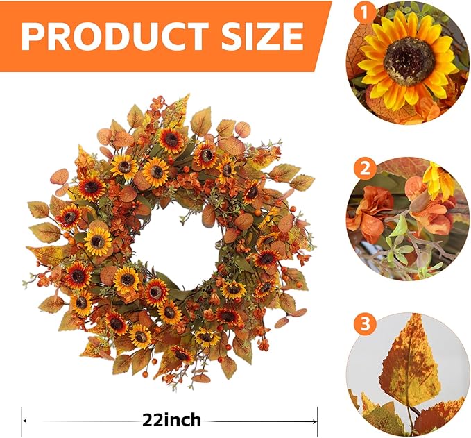 CozyNest Decor 22-inch artificial fall wreath with eucalyptus leaves and chrysanthemums, ideal for front door autumn decor.