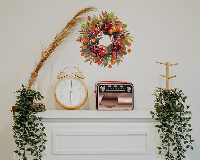 CozyNest Decor 22-inch fall chrysanthemum wreath with apples, pinecones, berries, eucalyptus, and maple leaves for seasonal decor.