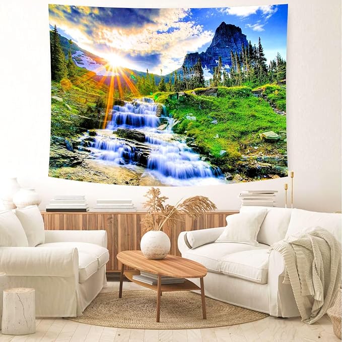 CozyNest Decor mountain waterfall tapestry featuring sunset forest trees, tropical rainforest scenery for bedroom or living room decor.