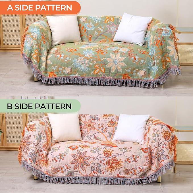 CozyNest Decor boho fall throw blanket with floral print, ultra-soft breathable cotton, orange and sage green, 60x80 inches for bed or sofa.