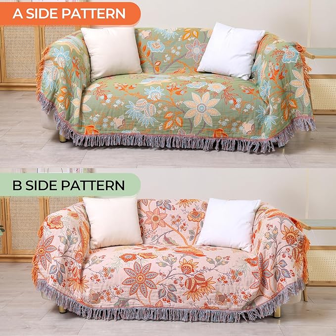 CozyNest Decor boho fall throw blanket in orange and sage green, soft breathable cotton floral print bed or sofa quilt, 90x98 inches.
