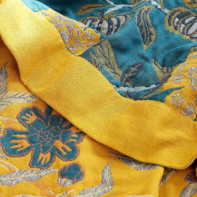 CozyNest Decor boho muslin blanket for adults, twin size 60x80 inches, floral teal cotton summer cooling bed coverlet.