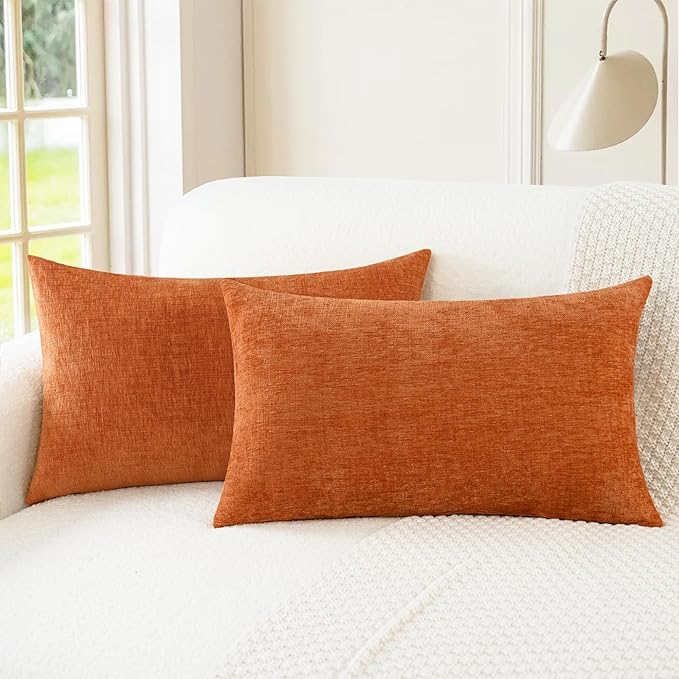 CozyNest Decor CaliTime fall throw pillow covers in burnt orange, 12x20 inches, set of 2, made of soft chenille for couch or sofa.