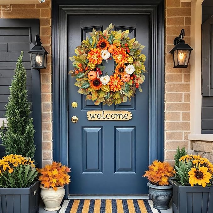 CozyNest Decor 24-inch fall wreath with pumpkins, peonies, sunflowers, and dahlias, ideal for front door autumn decor.