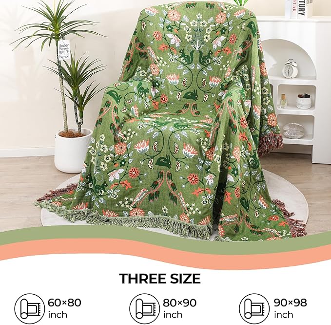 CozyNest Decor boho cotton throw blanket featuring floral and animal prints, perfect for king bed, sofa, or chair, 90x98 inches.