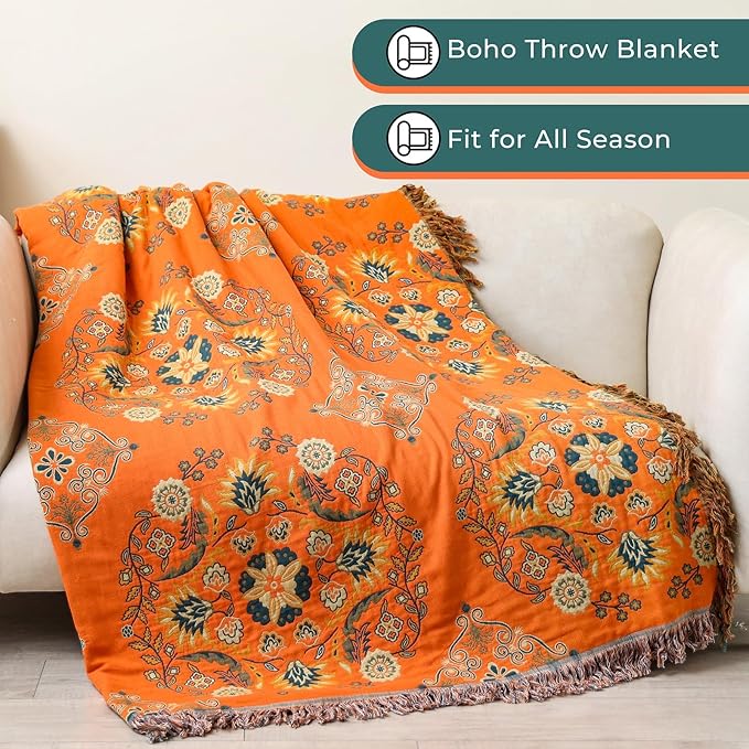 CozyNest Decor fall throw blanket with orange floral print, lightweight 100% cotton quilt for couch or bed, 60x80 inches.