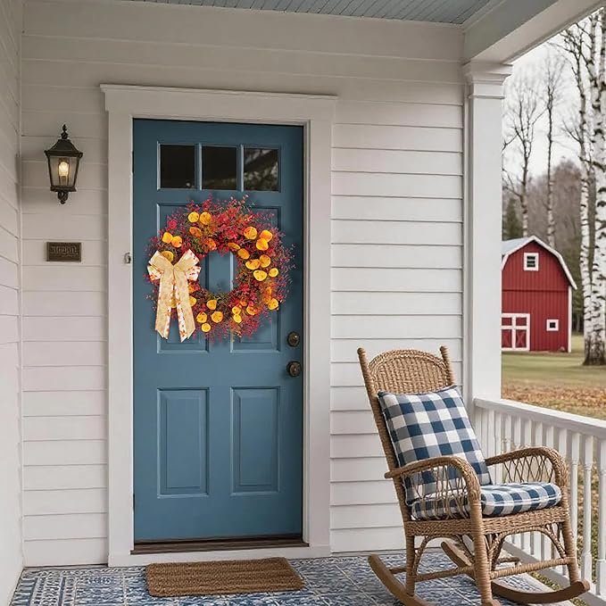 Large 24-inch Burgundy boxwood and eucalyptus fall wreath with maple bow, weatherproof for outdoor or indoor rustic farmhouse decor.