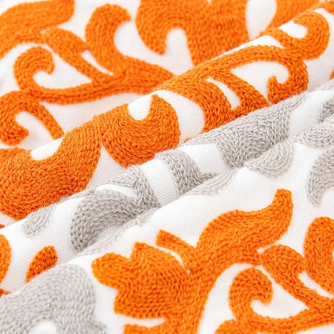 CozyNest Decor orange floral and geometric embroidery throw pillow cover, 18x18 inches, cotton farmhouse cushion for sofa or bed.